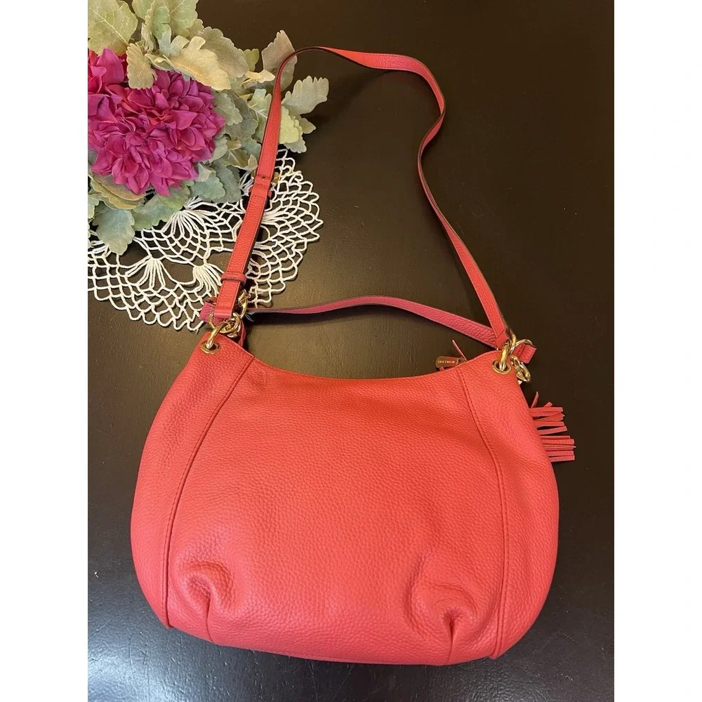 Michael Kors NWT Watermelon Coral Leather Tassle Charm Shoulder Handbag As‎ Is